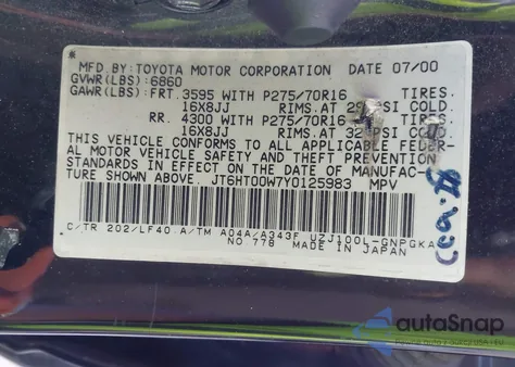 2000 Lexus Lx 470 from USA, damaged, VIN JT6HT00W7Y0125983